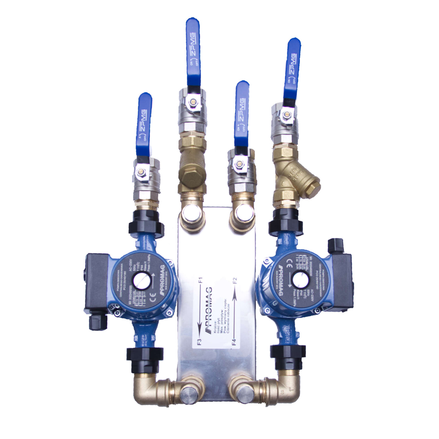 Zestaw “S” wymiennik + 2x pompa + armatura 80kW 3/4″